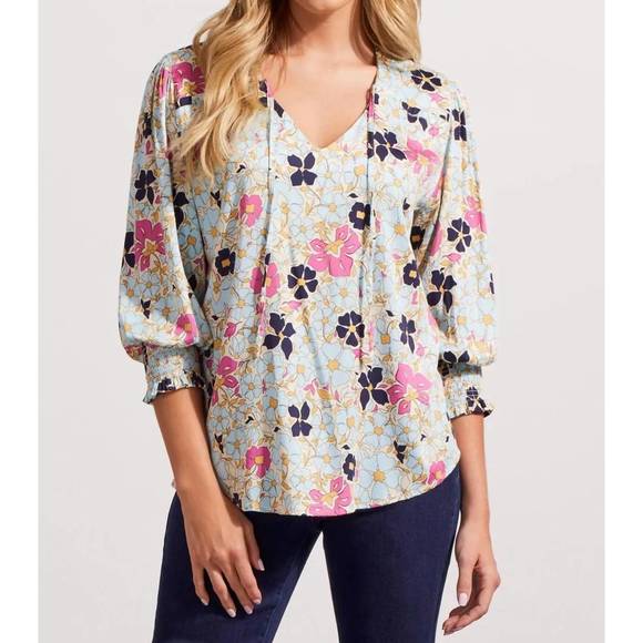 NEW TRIBAL v-neck 3/4 sleeve blouse w/elastic cuff in poolside - Picture 1 of 3